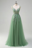 A Line Green Tulle Corset Applique Prom Dress