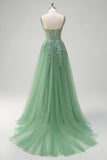 A Line Green Tulle Corset Applique Prom Dress