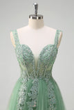 A Line Green Tulle Corset Applique Prom Dress