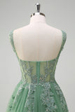 A Line Green Tulle Corset Applique Prom Dress