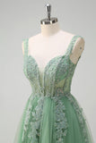 A Line Green Tulle Corset Applique Prom Dress