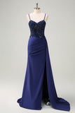 Navy Beaded Applique Spaghetti Straps Mermaid Prom Dress with Slit