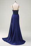 Navy Beaded Applique Spaghetti Straps Mermaid Prom Dress with Slit