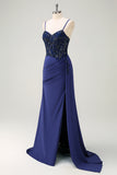 Navy Beaded Applique Spaghetti Straps Mermaid Prom Dress with Slit