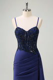 Navy Beaded Applique Spaghetti Straps Mermaid Prom Dress with Slit