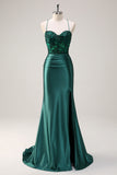 Dark Green Mermaid Sequined Corset Prom Dress with Slit