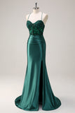 Dark Green Mermaid Sequined Corset Prom Dress with Slit