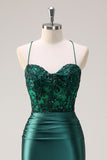 Dark Green Mermaid Sequined Corset Prom Dress with Slit