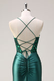 Dark Green Mermaid Sequined Corset Prom Dress with Slit