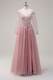 Blush A Line Tulle Appliqued Spaghetti Straps Slit Prom Dress with Long Sleeves