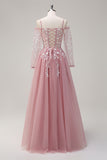 Blush A Line Tulle Appliqued Spaghetti Straps Slit Prom Dress with Long Sleeves