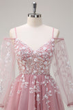 Blush A Line Tulle Appliqued Spaghetti Straps Slit Prom Dress with Long Sleeves