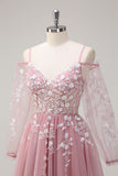 Blush A Line Tulle Appliqued Spaghetti Straps Slit Prom Dress with Long Sleeves