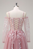 Blush A Line Tulle Appliqued Spaghetti Straps Slit Prom Dress with Long Sleeves