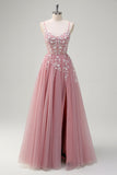 Corset A Line Slit Tulle Blush Prom Dress with Sequined Appliques