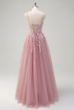 Corset A Line Slit Tulle Blush Prom Dress with Sequined Appliques