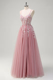 Corset A Line Slit Tulle Blush Prom Dress with Sequined Appliques