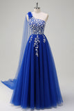 A Line One Shoulder Appliqued Tulle Royal Blue Prom Dress with Slit