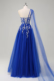 A Line One Shoulder Appliqued Tulle Royal Blue Prom Dress with Slit