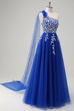 A Line One Shoulder Appliqued Tulle Royal Blue Prom Dress with Slit