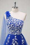 A Line One Shoulder Appliqued Tulle Royal Blue Prom Dress with Slit