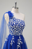 A Line One Shoulder Appliqued Tulle Royal Blue Prom Dress with Slit