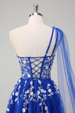 A Line One Shoulder Appliqued Tulle Royal Blue Prom Dress with Slit