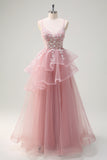 Grey Pink A Line Sequined Applique Prom Dress with Lace-up Back