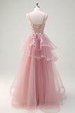 Grey Pink A Line Sequined Applique Prom Dress with Lace-up Back