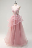 Grey Pink A Line Sequined Applique Prom Dress with Lace-up Back