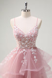 Grey Pink A Line Sequined Applique Prom Dress with Lace-up Back