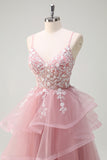 Grey Pink A Line Sequined Applique Prom Dress with Lace-up Back