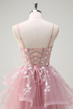 Grey Pink A Line Sequined Applique Prom Dress with Lace-up Back