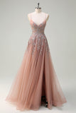 Blush A Line Appliqued Slit Prom Dress with Lace-up Back