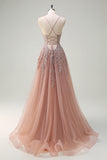 Blush A Line Appliqued Slit Prom Dress with Lace-up Back