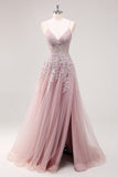 Lavender A Line Tulle Long Prom Dress with Slit