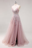 Lavender A Line Tulle Long Prom Dress with Slit