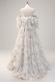 A Line Off the Shoulder White Floral Prom Dress with Ruffled Slit