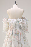 A Line Off the Shoulder White Floral Prom Dress with Ruffled Slit