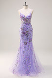 Purple Mermaid Corset Sequin Beaded Backless Prom Dress