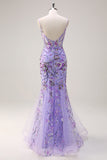 Purple Mermaid Corset Sequin Beaded Backless Prom Dress