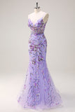 Purple Mermaid Corset Sequin Beaded Backless Prom Dress