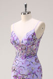 Purple Mermaid Corset Sequin Beaded Backless Prom Dress