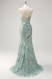 Beaded Mermaid Lace-up Back Sage Prom Dress with Slit