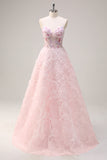 Pink Flower A Line Sequined Corset Prom Dress with Appliques