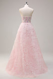 Pink Flower A Line Sequined Corset Prom Dress with Appliques