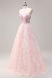 Pink Flower A Line Sequined Corset Prom Dress with Appliques