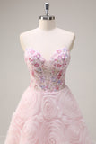 Pink Flower A Line Sequined Corset Prom Dress with Appliques