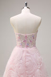 Pink Flower A Line Sequined Corset Prom Dress with Appliques