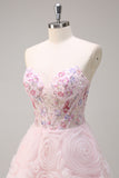 Pink Flower A Line Sequined Corset Prom Dress with Appliques